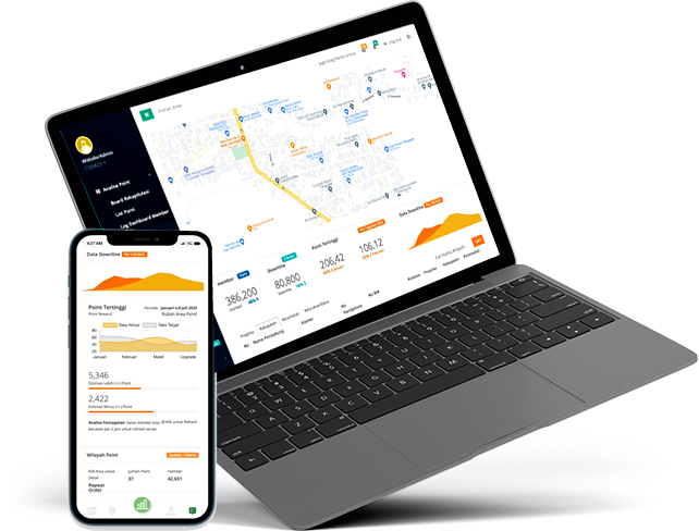 Mockup Aplikasi PediaMas menampilkan tracking jaringan downline